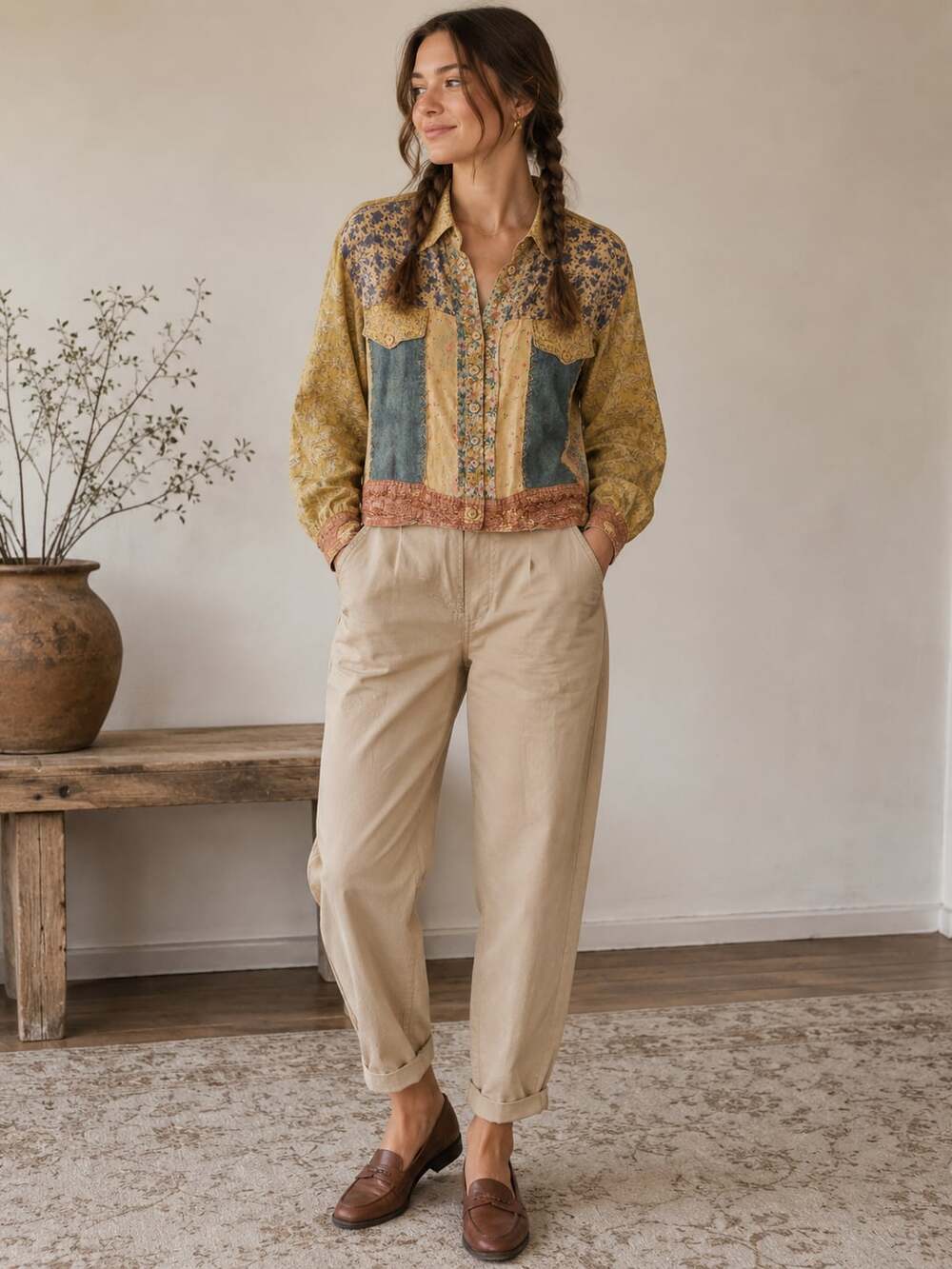 Sacred Threads Vintage Boho Floral Patchwork Rayon Cropped Button Down Shirt M/L